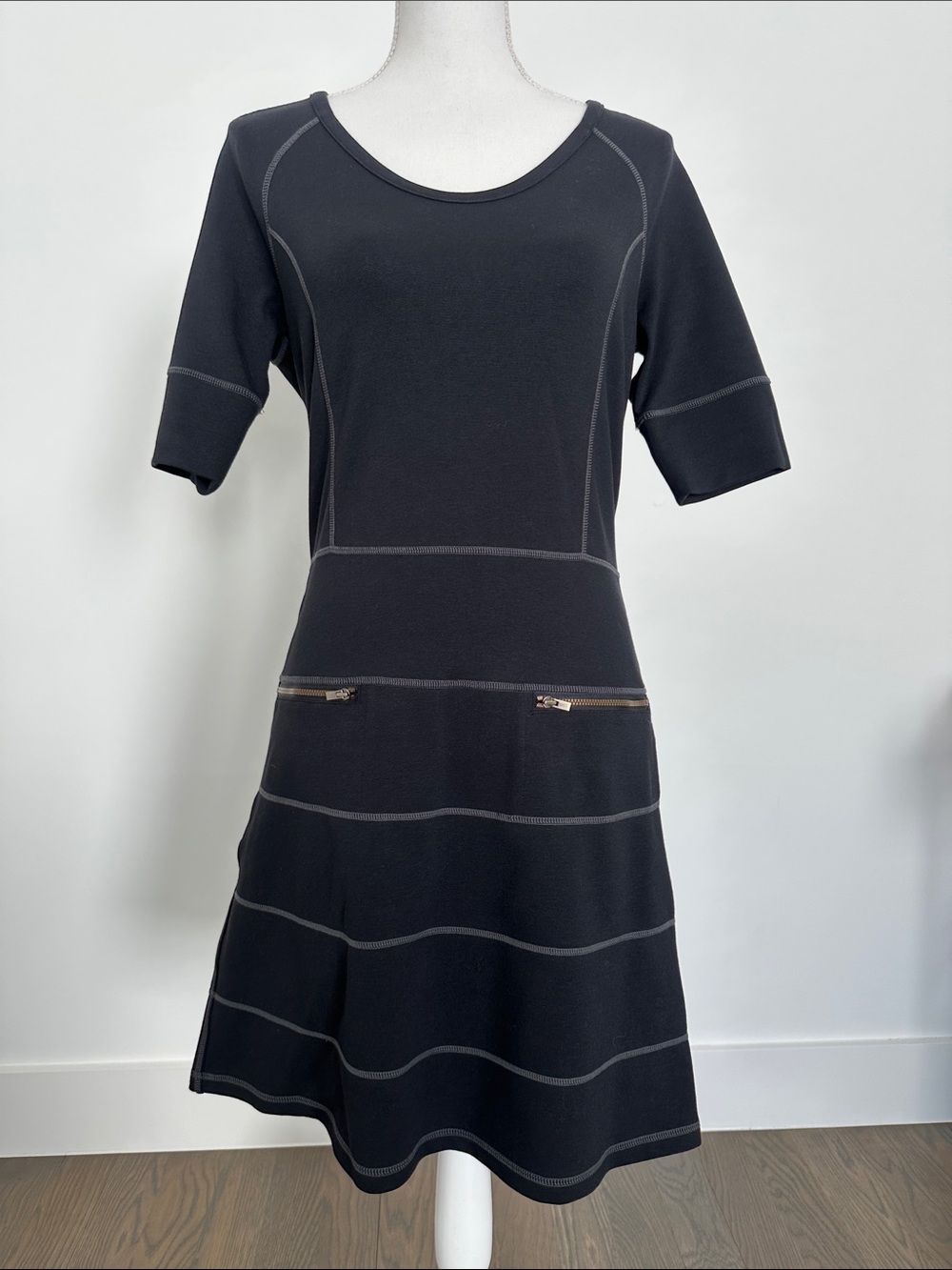 Athleta Black Fit-and-Flare Midi Dress with Zip Pocket Accents